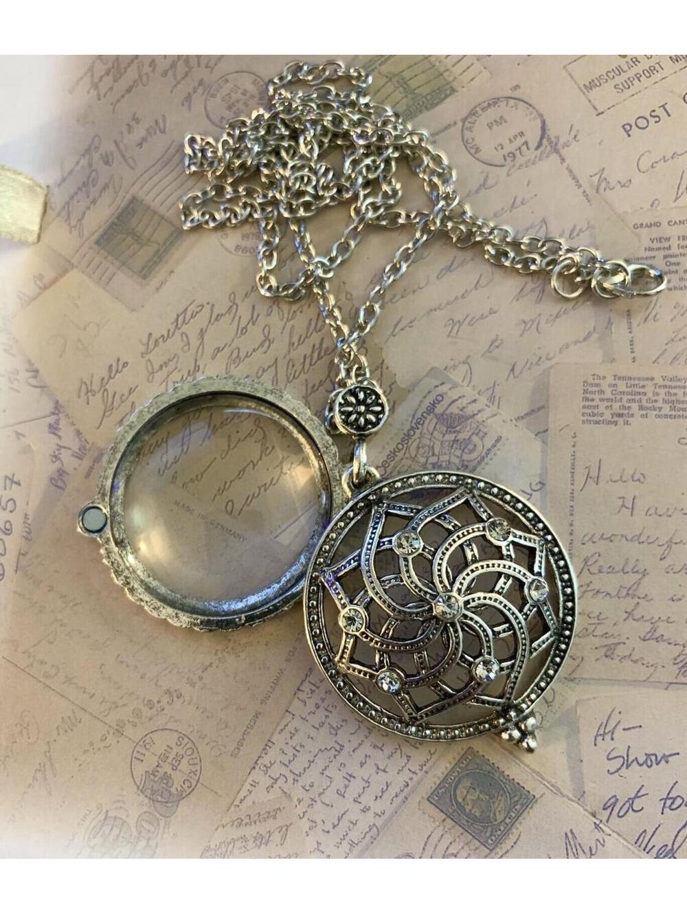 Functional Magnifying Glass Filigree Rhinestones Grey Medallion Necklace Jewelry